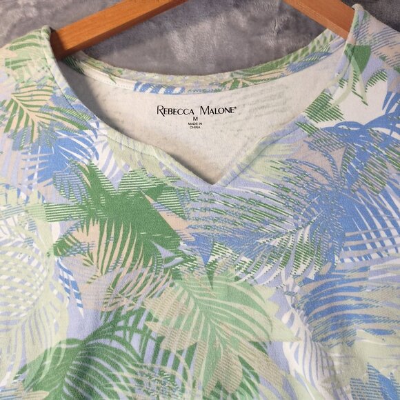 Rebecca Malone Womens Palm Print VNeck Top M Green Blue Tropical Casual Everyday - Picture 7 of 8